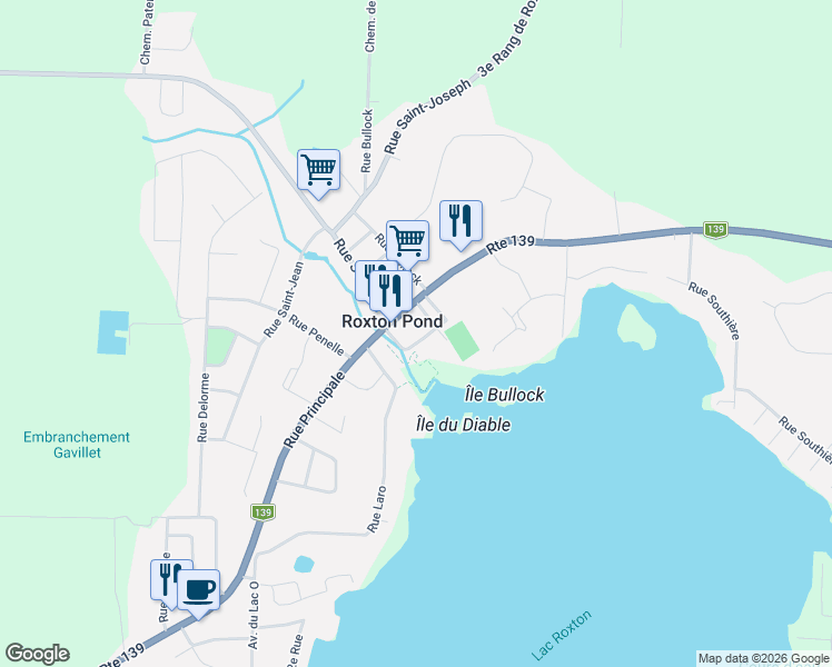 map of restaurants, bars, coffee shops, grocery stores, and more near 667 Rue du Lac in Roxton Pond