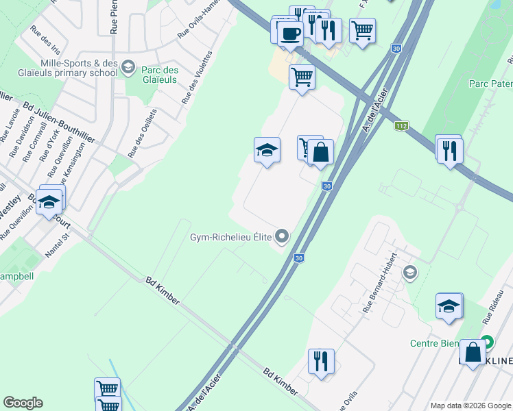 map of restaurants, bars, coffee shops, grocery stores, and more near 3411 1re Rue in Longueuil