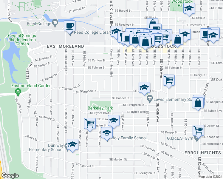map of restaurants, bars, coffee shops, grocery stores, and more near 6636 SE 39th Ave in Portland