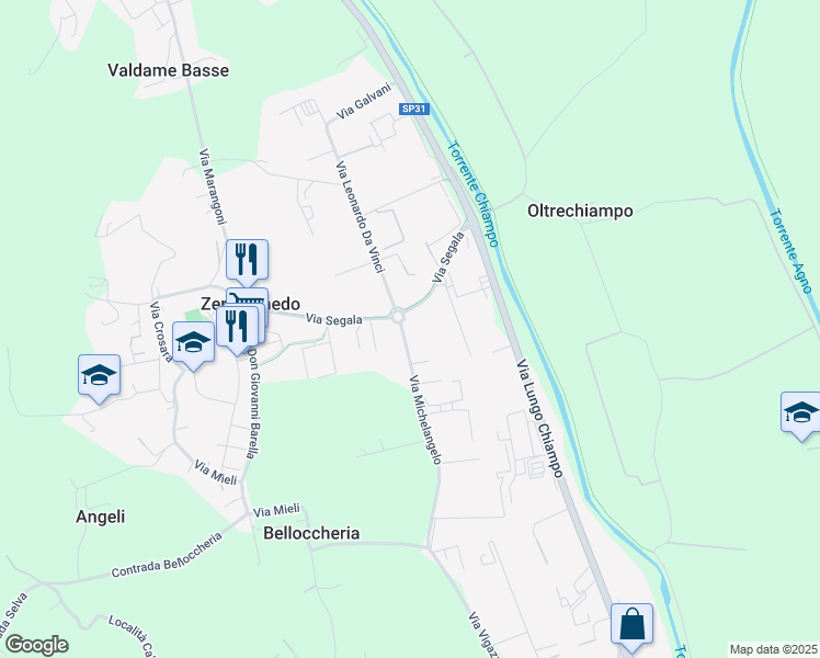 map of restaurants, bars, coffee shops, grocery stores, and more near 14 Via Segala in Zermeghedo