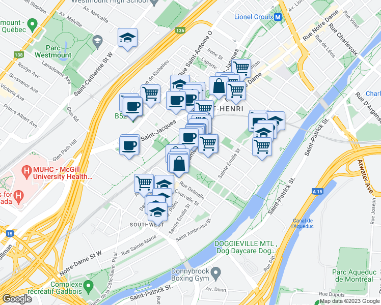 map of restaurants, bars, coffee shops, grocery stores, and more near 4401 Rue Notre-Dame Ouest in Montréal
