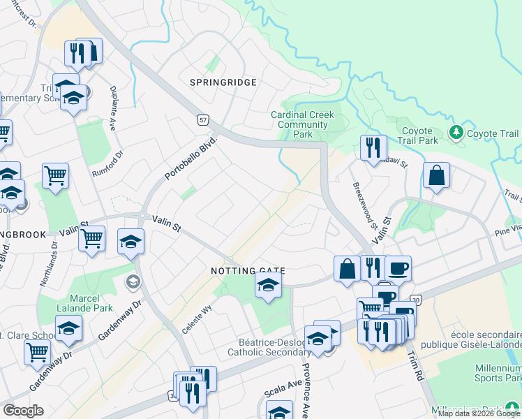 map of restaurants, bars, coffee shops, grocery stores, and more near 1495 Demeter Street in Ottawa