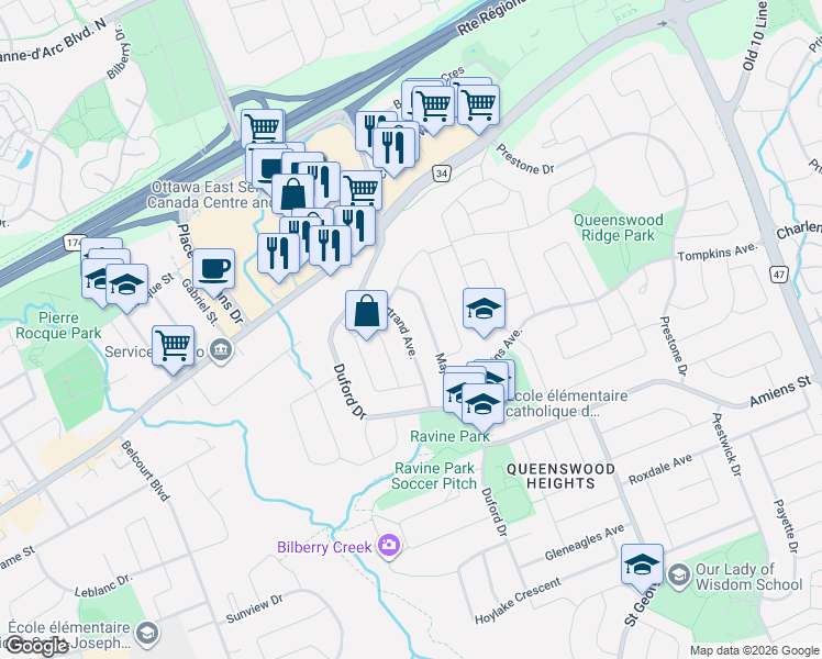 map of restaurants, bars, coffee shops, grocery stores, and more near 1385 Chartrand Avenue in Ottawa