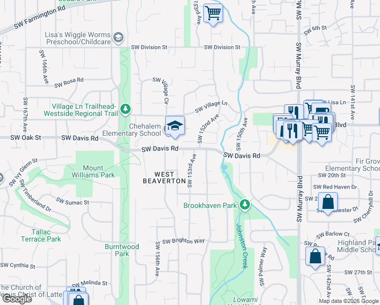 map of restaurants, bars, coffee shops, grocery stores, and more near 15390 Southwest Davis Road in Beaverton