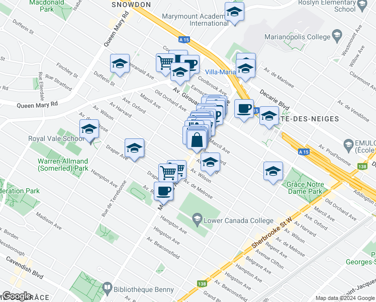 map of restaurants, bars, coffee shops, grocery stores, and more near 4321 Avenue Harvard in Montréal