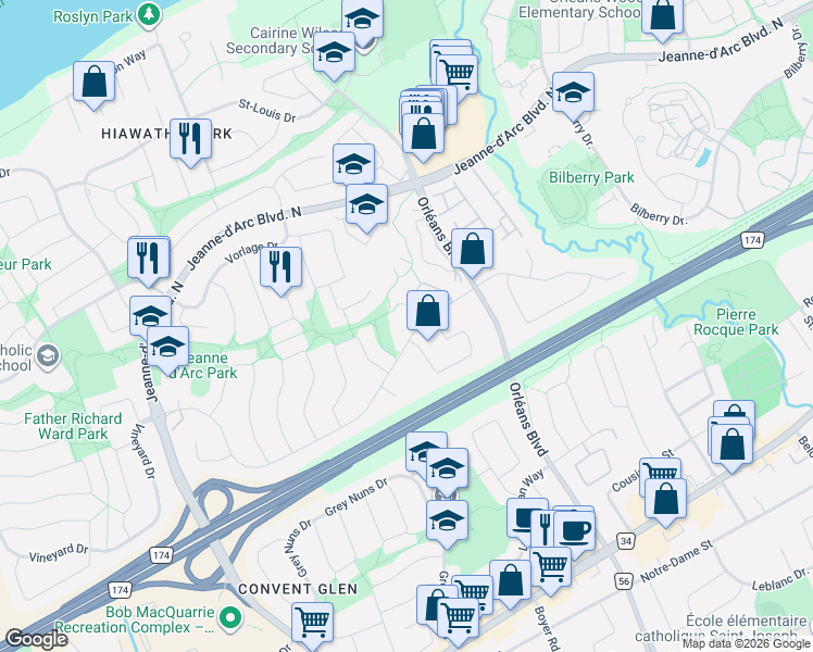 map of restaurants, bars, coffee shops, grocery stores, and more near 1171 Priory Lane in Ottawa