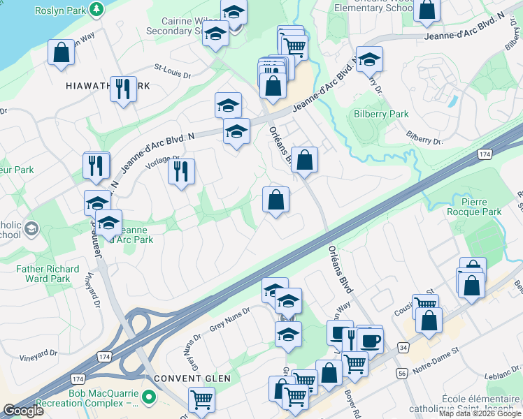 map of restaurants, bars, coffee shops, grocery stores, and more near 1171 Priory Lane in Ottawa