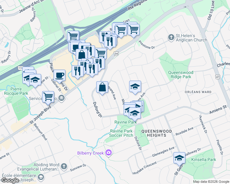 map of restaurants, bars, coffee shops, grocery stores, and more near 1385 Chartrand Avenue in Ottawa