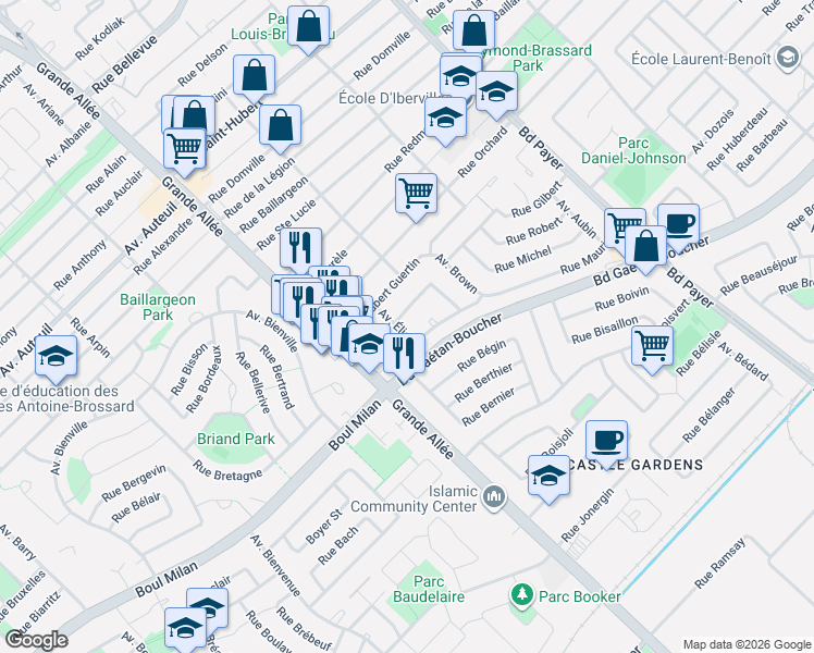 map of restaurants, bars, coffee shops, grocery stores, and more near 5670 Avenue Élie in Longueuil
