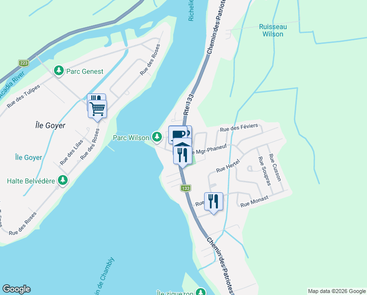 map of restaurants, bars, coffee shops, grocery stores, and more near 288 Chemin des Patriotes in Montérégie