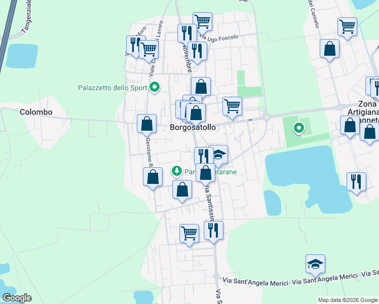 map of restaurants, bars, coffee shops, grocery stores, and more near 22 Via Santissima in Borgosatollo