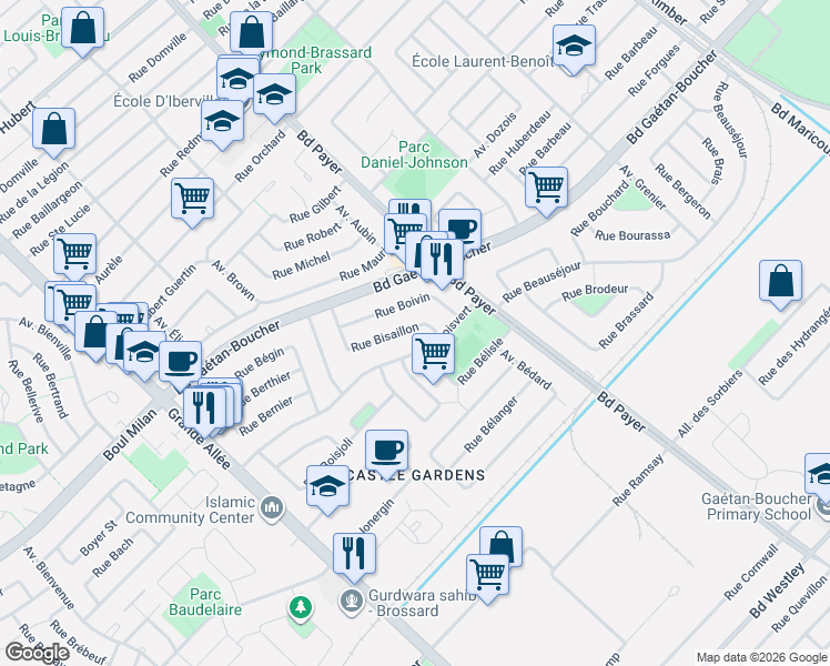 map of restaurants, bars, coffee shops, grocery stores, and more near 5109 Rue Bisaillon in Longueuil