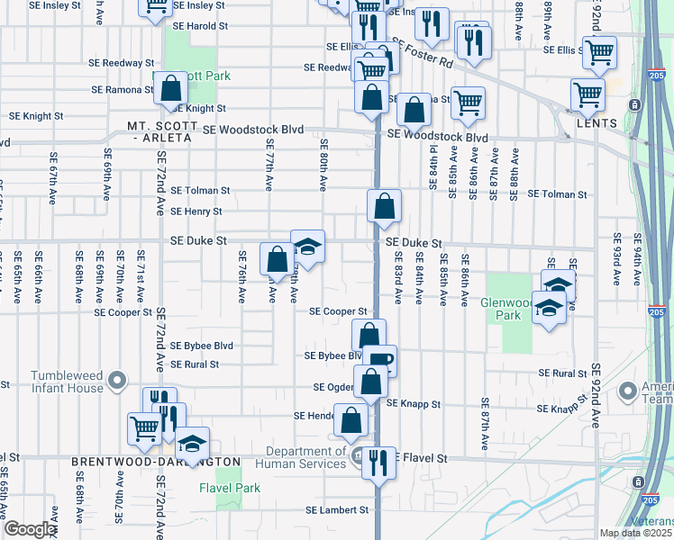 map of restaurants, bars, coffee shops, grocery stores, and more near 6524 Southeast 80th Avenue in Portland