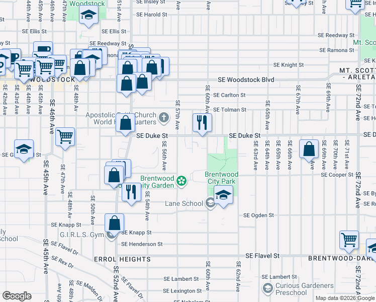 map of restaurants, bars, coffee shops, grocery stores, and more near 6518 Southeast 57th Place in Portland