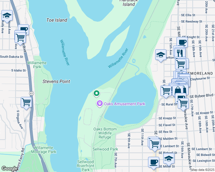 map of restaurants, bars, coffee shops, grocery stores, and more near Springwater on the Willamette in Portland