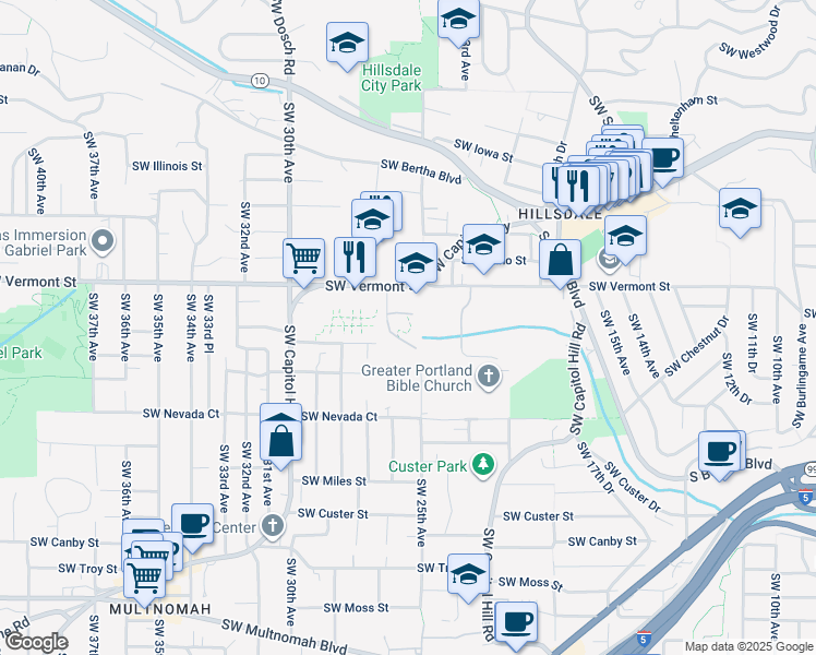 map of restaurants, bars, coffee shops, grocery stores, and more near 6612 Southwest Capitol Highway in Portland