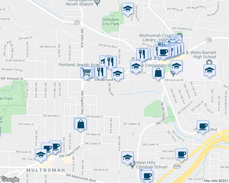 map of restaurants, bars, coffee shops, grocery stores, and more near 6612 Southwest Capitol Highway in Portland
