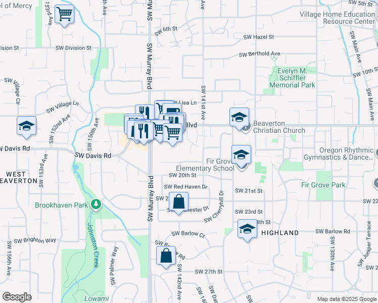 map of restaurants, bars, coffee shops, grocery stores, and more near 14186 Southwest Allen Boulevard in Beaverton