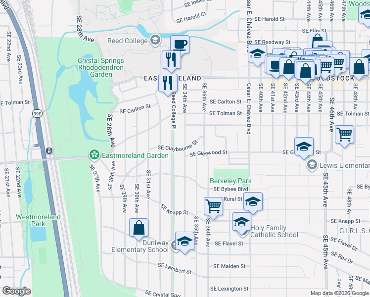 map of restaurants, bars, coffee shops, grocery stores, and more near SE 34th Ave & SE Claybourne St in Portland