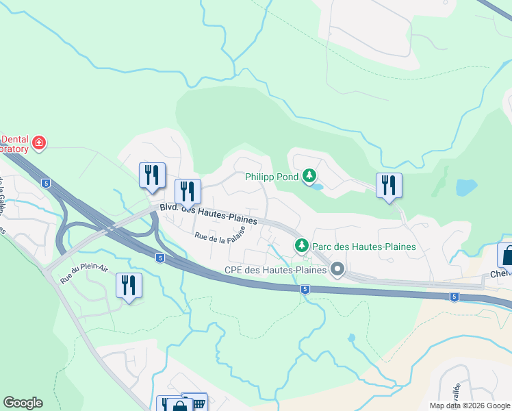 map of restaurants, bars, coffee shops, grocery stores, and more near 576 Boulevard des Hautes-Plaines in Gatineau