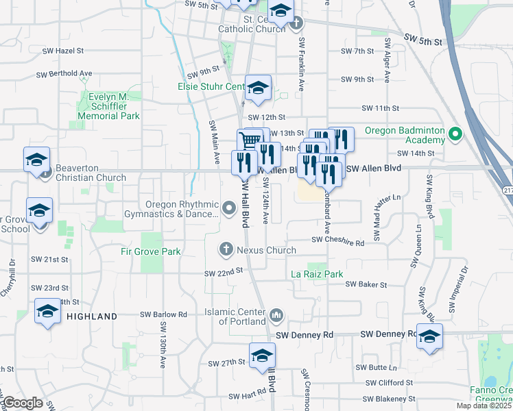 map of restaurants, bars, coffee shops, grocery stores, and more near 6140 Southwest Hall Boulevard in Beaverton