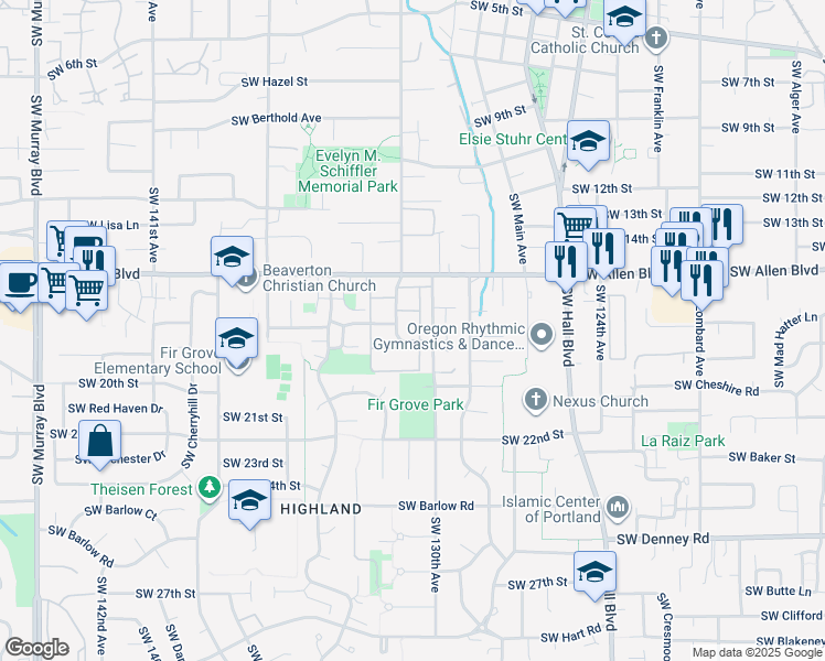 map of restaurants, bars, coffee shops, grocery stores, and more near 6260 Southwest Erickson Avenue in Beaverton