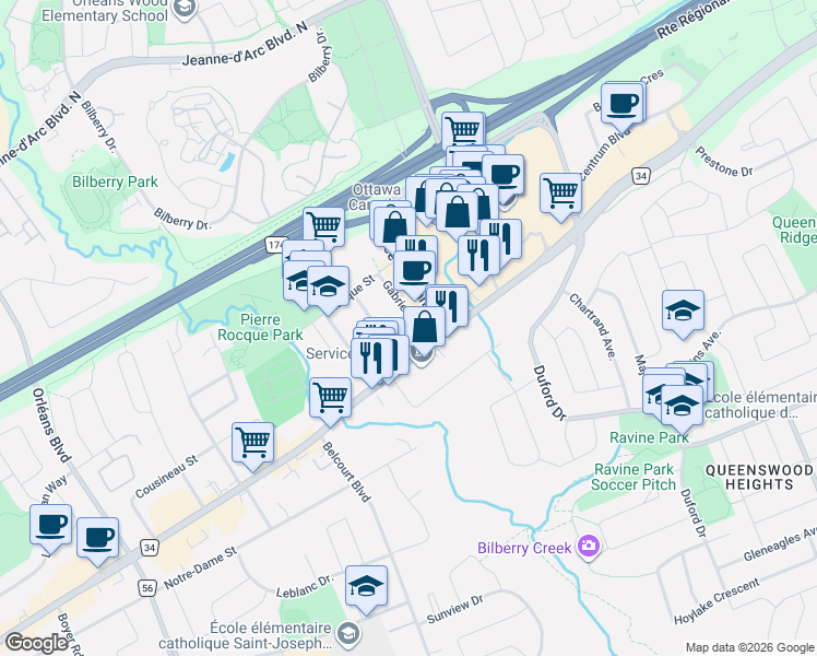 map of restaurants, bars, coffee shops, grocery stores, and more near 1154 Gabriel Street in Ottawa