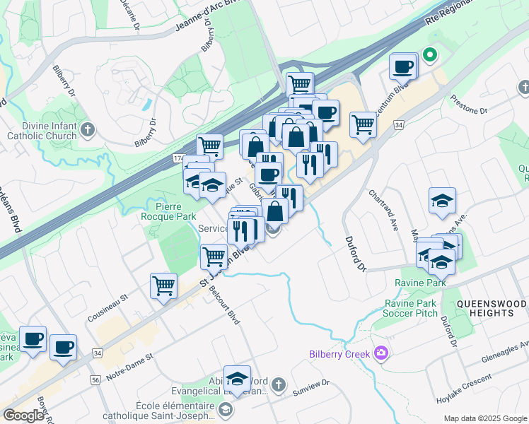 map of restaurants, bars, coffee shops, grocery stores, and more near in Ottawa