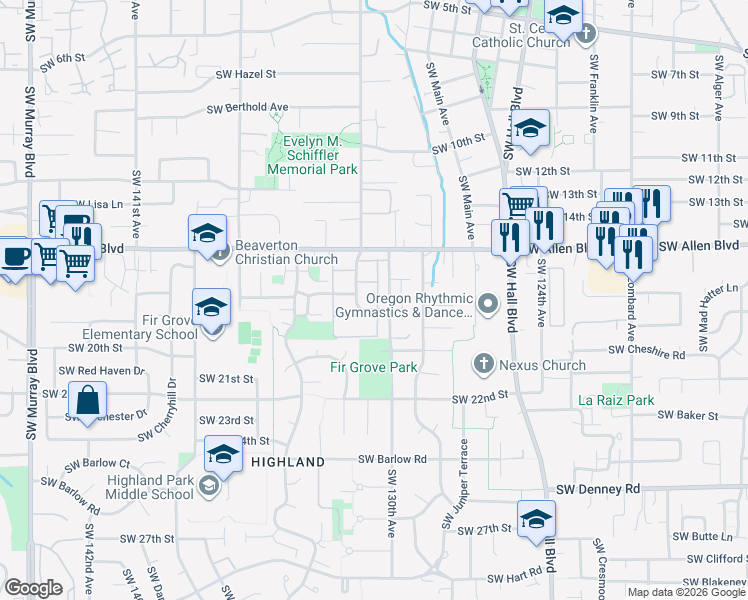 map of restaurants, bars, coffee shops, grocery stores, and more near 6125 Southwest 130th Avenue in Beaverton