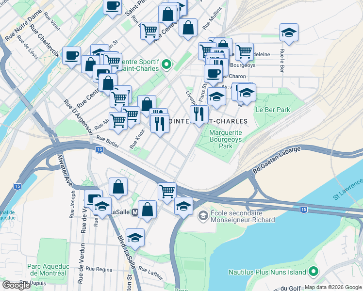 map of restaurants, bars, coffee shops, grocery stores, and more near 2432 Rue de Rushbrooke in Montréal