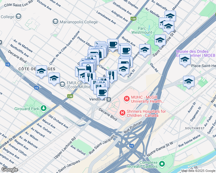 map of restaurants, bars, coffee shops, grocery stores, and more near in Montréal