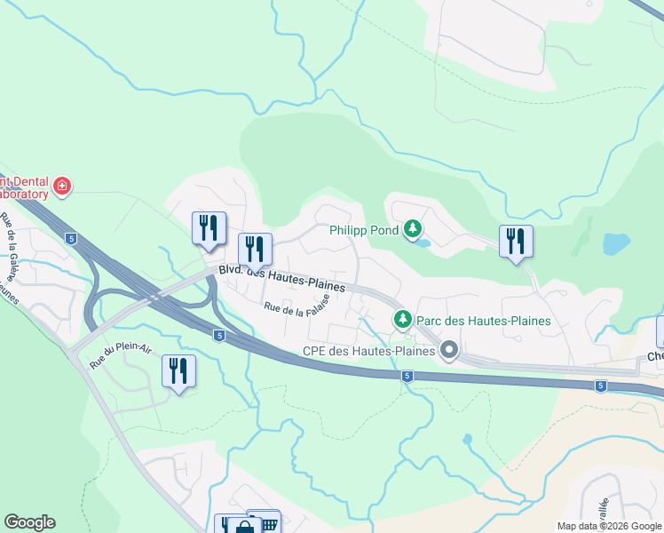 map of restaurants, bars, coffee shops, grocery stores, and more near 604 Boulevard des Hautes-Plaines in Gatineau