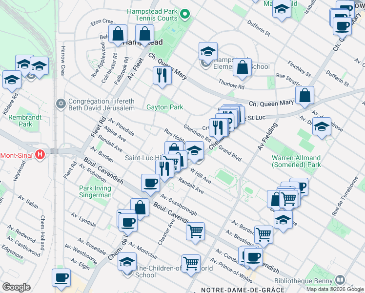 map of restaurants, bars, coffee shops, grocery stores, and more near 9 Rue Briardale in Hampstead