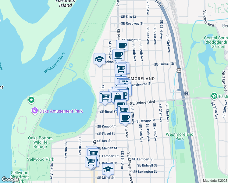 map of restaurants, bars, coffee shops, grocery stores, and more near 1534 Southeast Claybourne Street in Portland