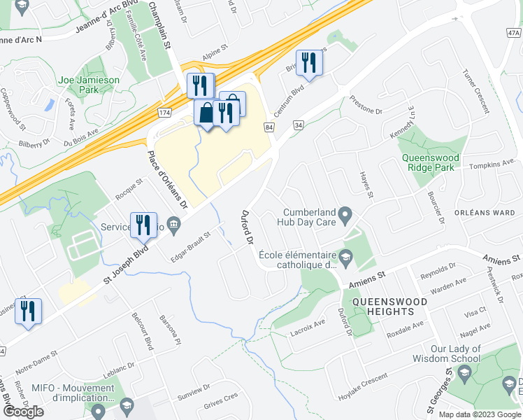 map of restaurants, bars, coffee shops, grocery stores, and more near 1373 Toulon Street in Ottawa