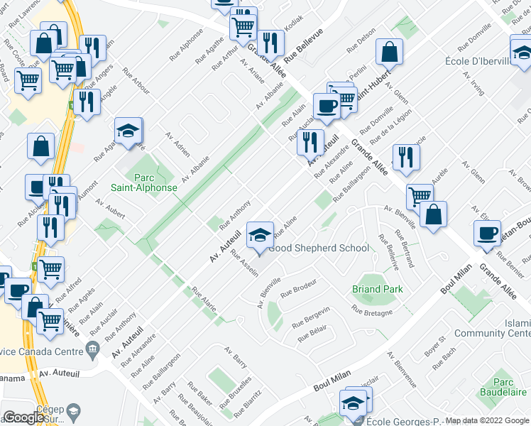 map of restaurants, bars, coffee shops, grocery stores, and more near 2550 Rue Arpin in Brossard