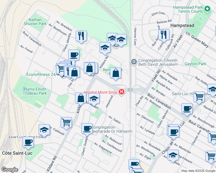 map of restaurants, bars, coffee shops, grocery stores, and more near 5720 Boulevard Cavendish in Côte Saint-Luc