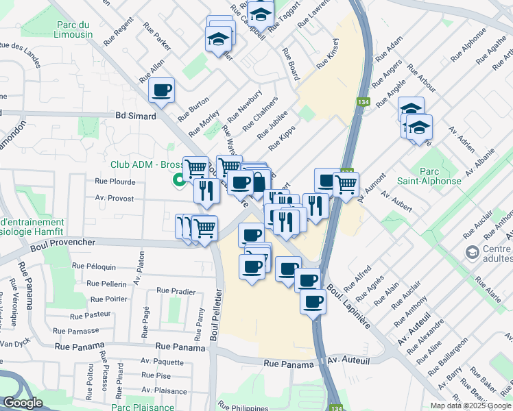 map of restaurants, bars, coffee shops, grocery stores, and more near 112 Boulevard Lapinière in Brossard