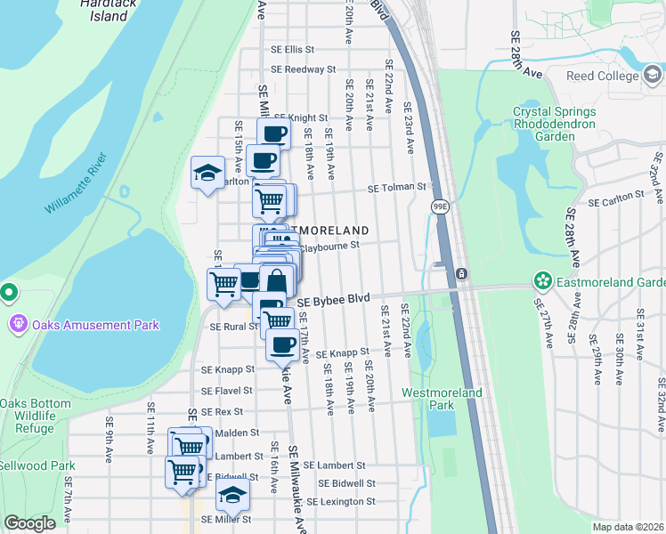 map of restaurants, bars, coffee shops, grocery stores, and more near 1830 Southeast Claybourne Street in Portland