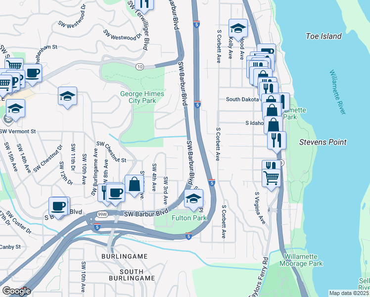 map of restaurants, bars, coffee shops, grocery stores, and more near 227 Southwest Florida Street in Portland