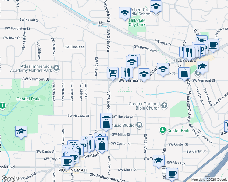 map of restaurants, bars, coffee shops, grocery stores, and more near 6740 Southwest Capitol Highway in Portland