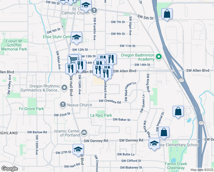 map of restaurants, bars, coffee shops, grocery stores, and more near 6145 Southwest Lombard Avenue in Beaverton