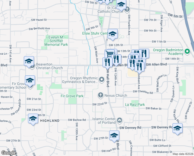 map of restaurants, bars, coffee shops, grocery stores, and more near 12825 Southwest Dale Circle in Beaverton