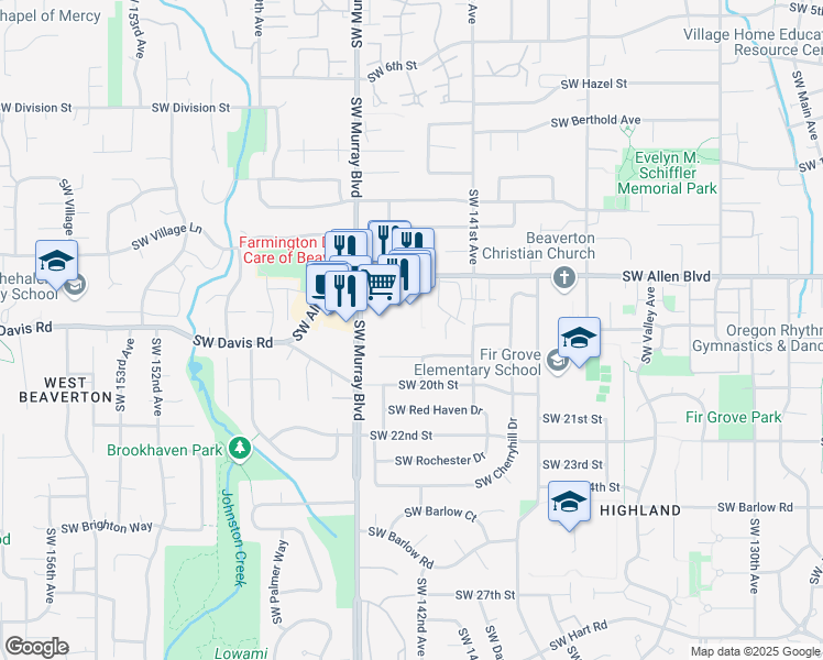 map of restaurants, bars, coffee shops, grocery stores, and more near 14290 Southwest Allen Boulevard in Beaverton