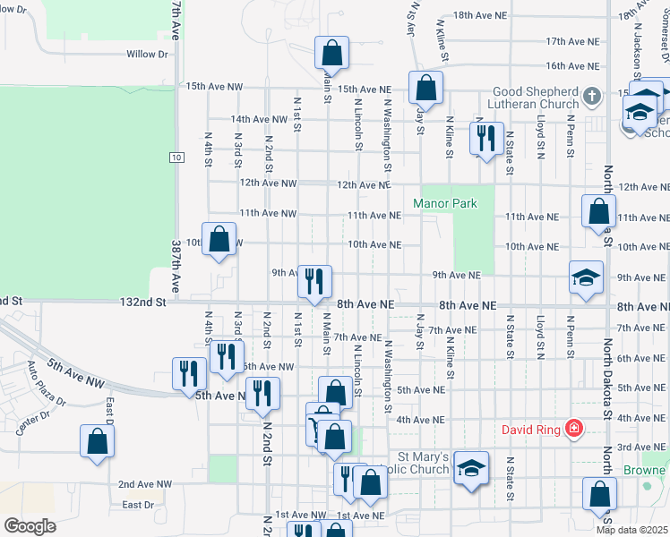 map of restaurants, bars, coffee shops, grocery stores, and more near 923 North Lincoln Street in Aberdeen