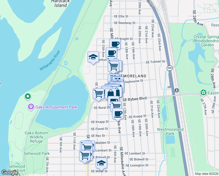 map of restaurants, bars, coffee shops, grocery stores, and more near 6521 Southeast 16th Avenue in Portland