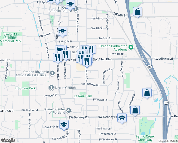 map of restaurants, bars, coffee shops, grocery stores, and more near 6145 Southwest Lombard Avenue in Beaverton
