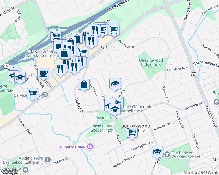 map of restaurants, bars, coffee shops, grocery stores, and more near 1387 Sault Street in Ottawa