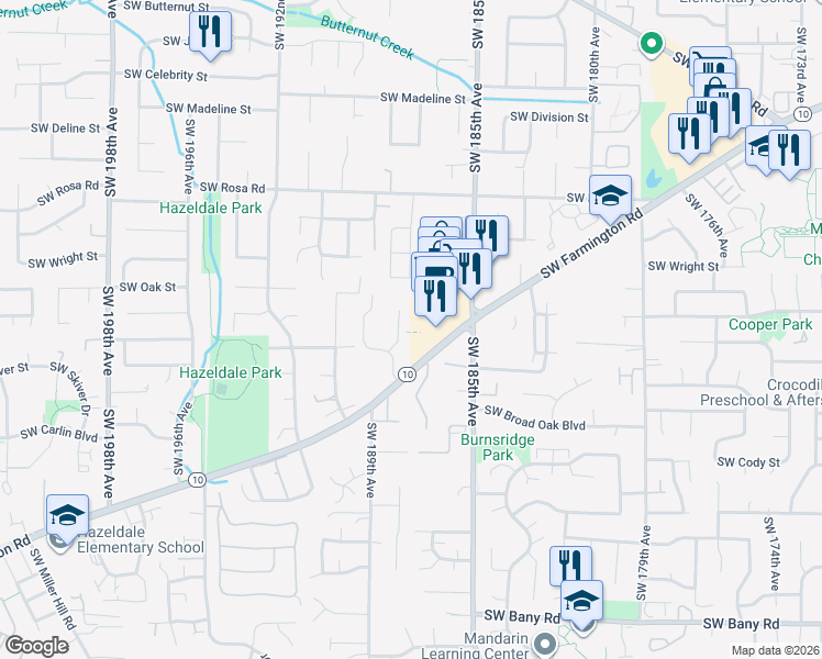 map of restaurants, bars, coffee shops, grocery stores, and more near 18745 Southwest Farmington Road in Beaverton