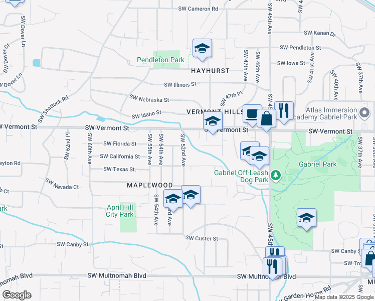 map of restaurants, bars, coffee shops, grocery stores, and more near 6814 Southwest 52nd Avenue in Portland